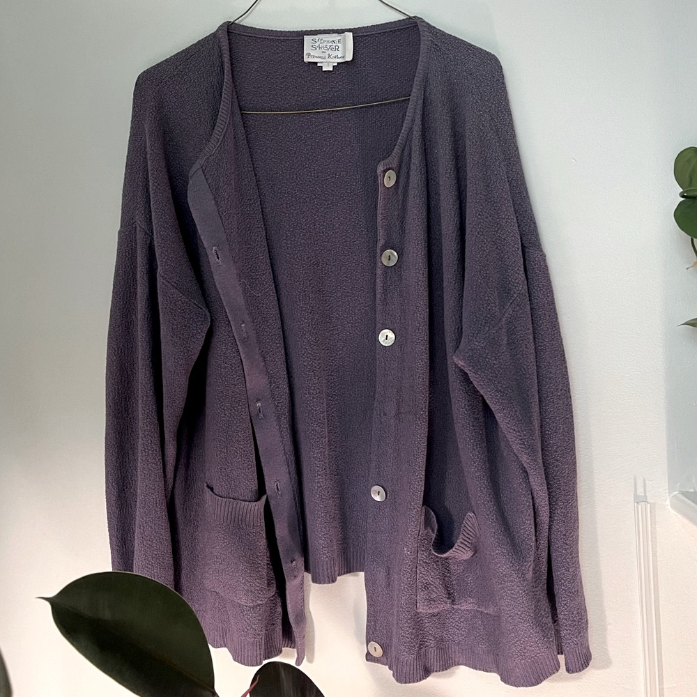 Stephanie Schuster Cardigan, Knit, Purple / Plum, mother of pearl, vintage